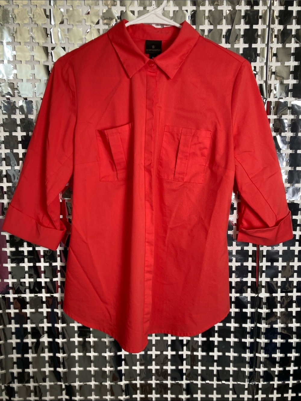Worthington Red Button-Down Shirt with Roll-Tab Sleeves